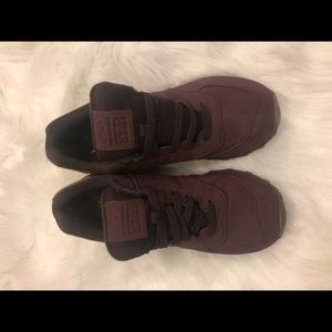 Maroon New Balance tennis shoes with cheetah